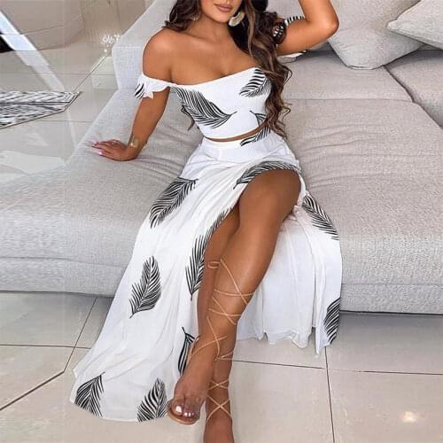 Off The Shoulder Sleeveless Ruffle Women Set Side Split A-line Skirt Female Set 2021 Summer Printing Boho Ladies 2 Piece Set