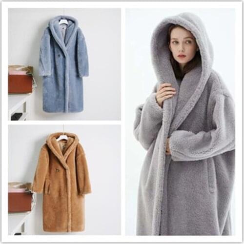 2021 Winter Fashion New Mid-Length Loose-Fitting Large Size Hooded Long-Sleeved Imitation Lamb Wool Thick Warmth Fur Coat Women