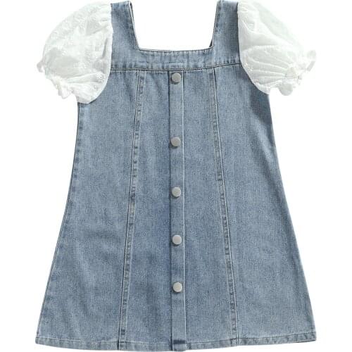 2021 2-7Y Cute Toddler Girls Dress Fashion Solid Color Lace Puff Short Sleeve Stitching A-line Denim Short Dress Summer Sundress