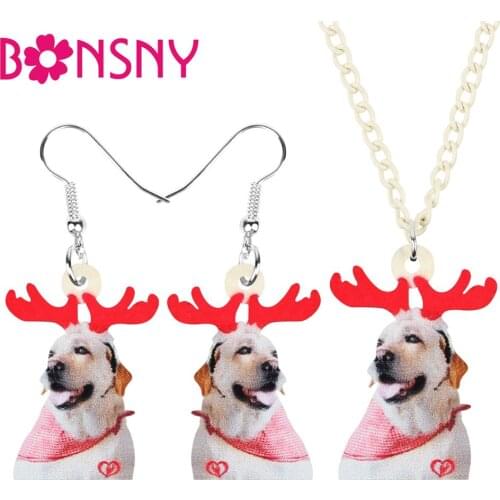 Bonsny Acrylic Christmas Antlers Labrador Dog Jewelry Sets Necklace Earrings Animal Jewelry For Women Girl Teen Decoration Gift