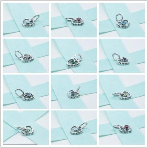 2020 Valentines Day Birthday Stone Beaded Heart Dangle Charms fit Silver Necklaces Bead Bracelets Pendant DIY for Women