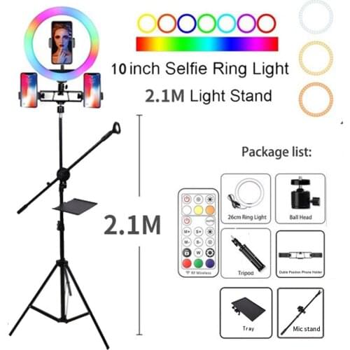 10" RGB LED Ring Light Selfie Colorful Photographic Lighting Lamp Dimmable With210cm Tripod Stand for TikTok Youtube Vlog Live