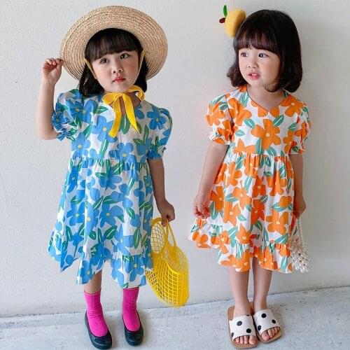 Kids Girls Dresses 2021 Summer New Baby Korean Flowers Short Sleeve Dress Cotton Print Princess Dress For Girl Toddler Clothing