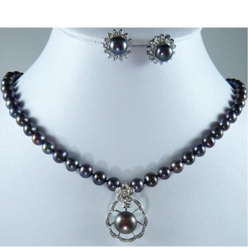 Hot sell new - wholesale noblest 8mm 17" black shell pearl necklace + 12mm inlay pearl pendant necklace & earring