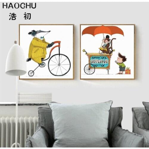 HAOCHU Vintage Retro Circus Animal Ride Bicycle Haughty Monkey Canvas Painting Funny Picture Wall Poster Kids Nursery Room Decor