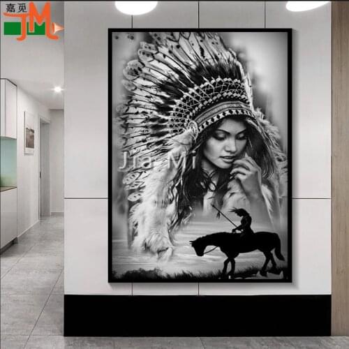 Full Square/round Drill Diamond Painting Black White Indian Feather Women Handmade Diamond Embroidery Portrait Mosaic Home Decor