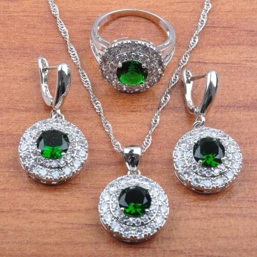 Classic Round Silver Color Natural Zircon Jewelry Sets Women Bridal Costume Pendant Earrings Ring Necklace Set JS0273