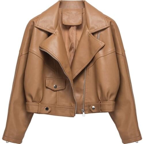 Korean Loose Vintage Faux Leather Jacket Women 2021 Autumn Short Plus size Brown Motorcycle jacket Long sleeve Casual Streetwear