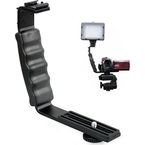 L-Shape Bracket Holder for Flash Light Camera Mini DV with Dual Hot Shoe, Heavy Duty Studio Photography Video L-bracket