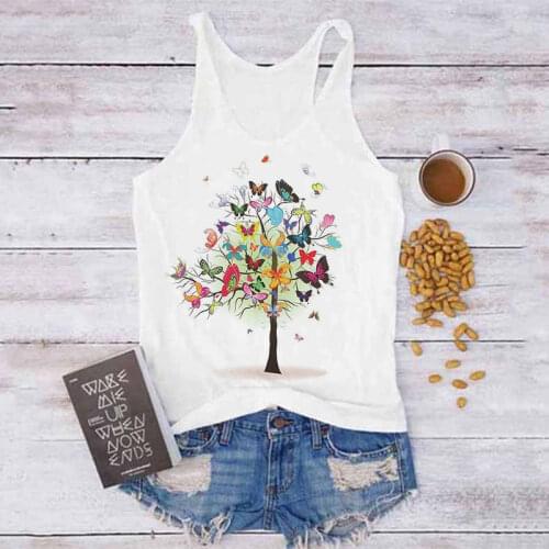 Summer Butterfly Tree Print Pattern 2021 Fashion Tank Tops Women Sleeveless Round Neck Elasticity Casual Youth Vest Top S-XXL