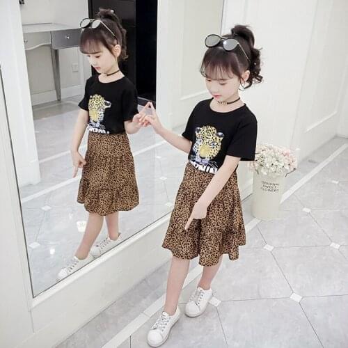 Summer Girls Suit Short Sleeve shirt Leopard Print Skirt 2 Piece Set Tops+Skirt Kids Clothing Set Children Clothes