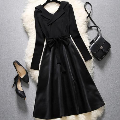 Fashion New Black Dress Women Elegant Slim Long Sleeve Casual Dress Korean Style A-Line Female Plus Size Midi Dresses X15