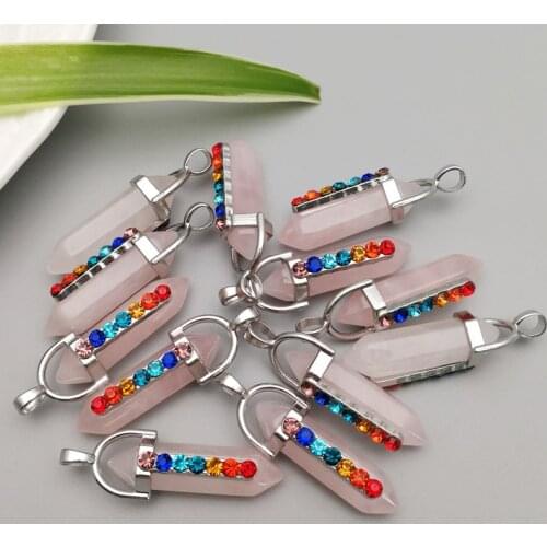 Fashion natural 7 chakra stone charms rose quartzs point pendant chakra pink crystal pendulum healing 24pc Free shipping