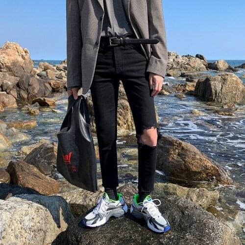 2021 Autumn Men Korean Streetwear Hole Men Black Jeans Man Casual Denim Pencil Pants Male Tight Fashion Jeans Trousers W480