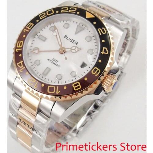 Self winding 40mm white dial sapphire glass date mental strap with gold plated GMT mens wristwatch