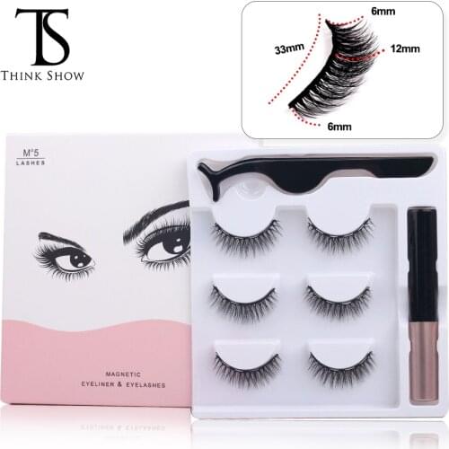THINKSHOW 3 Pairs Magnetic Eyelashes Liquid Eyeliner & Tweezer Set &Magnetic False Eyelashes Waterproof Long Lasting Eye Lash