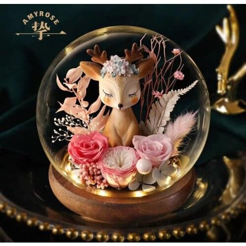Novel and Funny Toy Glass Cover of Flower Gift Box Dried Rose Bouquet Beautiful and Lovely Doll Wedding Valentines Day Gift