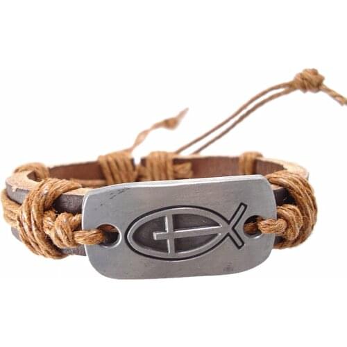 New Retail Handmade Cross Fish Charm Wrap Belt Hemp Rope Genuine Leather Women Men Vintage Bracelet Female Wholesale jewelry