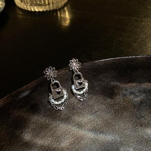 Origin Summer Korean Love Heart Lock Pearl Dangle Earings for Women Statement Chain Earings Party Jewelry Accessories