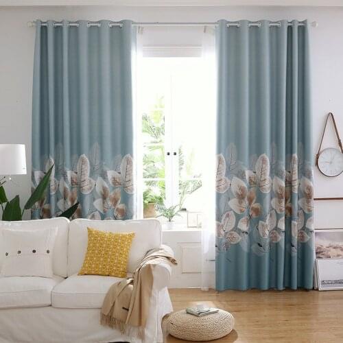 Leave Printed Curtains for Living Room Grey Blue Semi-Blackout Cotton Linen Fabric Window Drapes zh211C