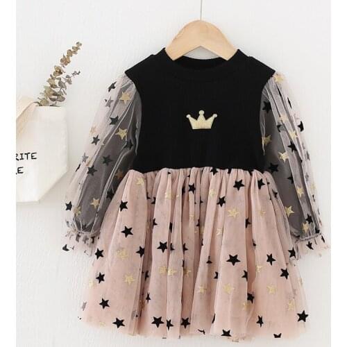 Baby Girl Dresses Long Sleeves Kids Dresses Cute Star Patten Tutu Dress For Girls Princess Dress For Wedding And Birthday Party