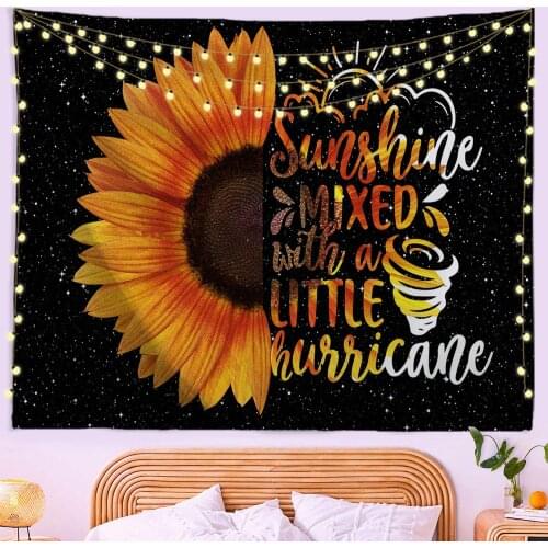 Sunflowers Wall Tapestry Floral Yellow Flower Starry Sky Art Wall Hanging Large Tapestries with Quotes Girl Dorm Bedroom Decor