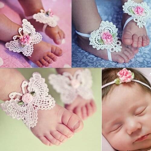 Newborn Three-piece Headbands + Anklet For Baby Girls Nylon Elastic Butterfly Hairbands Foot Rope Baby Toddler Photo Decoration