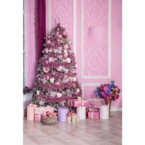 Pink Christmas Background 7x5ft Photo Photography Background Pink Christmas Tree Gift Birthday Party Custom Name Studio Backdrop