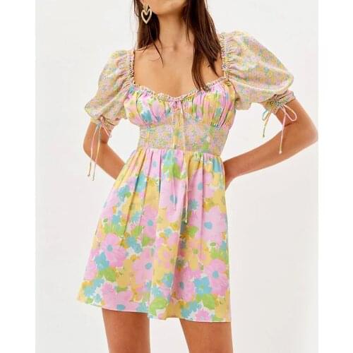 GypsyLady Floral Printed Sexy Mini Dress Smocked Chic Summer Boho Holiday Dress Women Puff Sleeve Ruffles Ladies Party Dresses