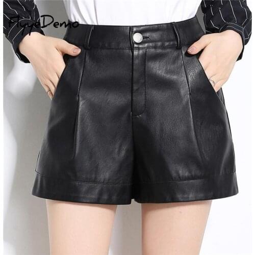 Hot 2020 Spring Autumn Women Shorts Korea Style Plus Size Sexy Short Pants Mid Waist PU Leather Shorts Black Casual OL Pants