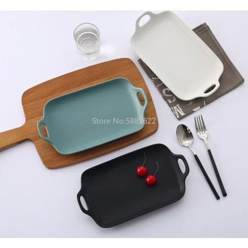 Japan Binaural BakingPan Household Ceramic Tableware Frosted Glazed Rectangle Dining Table Plate Microwave Heat Resistant Design