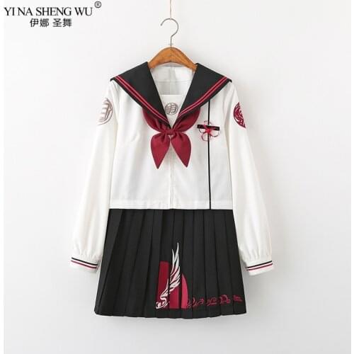 Embroidery Girl Japanese School Uniforms High School Sailor Suit Cosplay Costume Pleated Skirt Anime Sets Long Sleeve Black Red