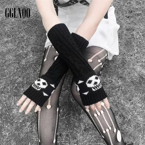 GGLNOO Japanese Harajuku Black Skull Gloves Half Finger Knitting Warm Long Glove Gothic Punk Length Sleeve Fingerless Mittens