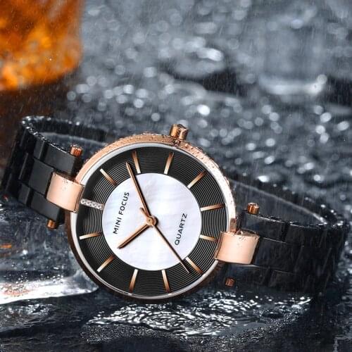 MINI FOCUS Black Stainless Steel Bracelet Watches for Women Fashion Luxury Dress Wrist Watch for Lady Woman Relogios 0244L.03