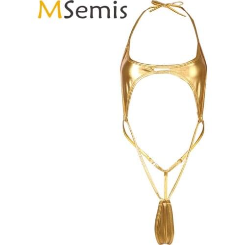 MSemis Womens Shiny Monokini Lingerie Sissy Halter High Cut Micro Bikini Thong Bodysuit Nightwear Sexy Wetlook Leather Swimsuit