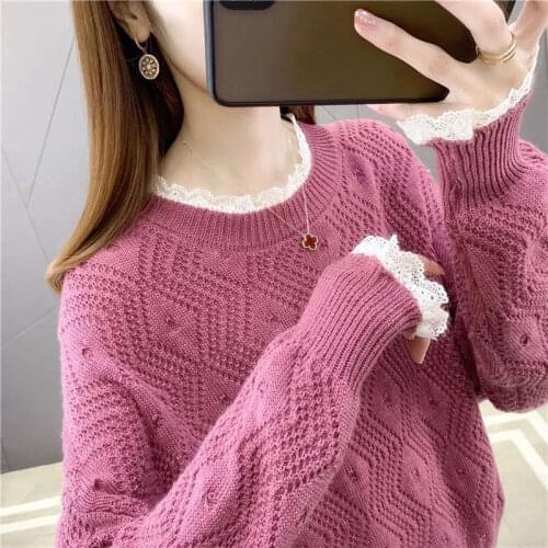Spring and Autumn Womens New Chic Sweater Lace Round Neck Thin Section Hollow Long Sleeve Loose Knit Base Sweater Women2021