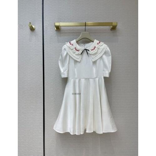 Layered Embroidery Luxury Brand Collar Short Dress Women 2021 Summer Retro New Puff Sleeves High Waist A-line Sweet Mini Dresses