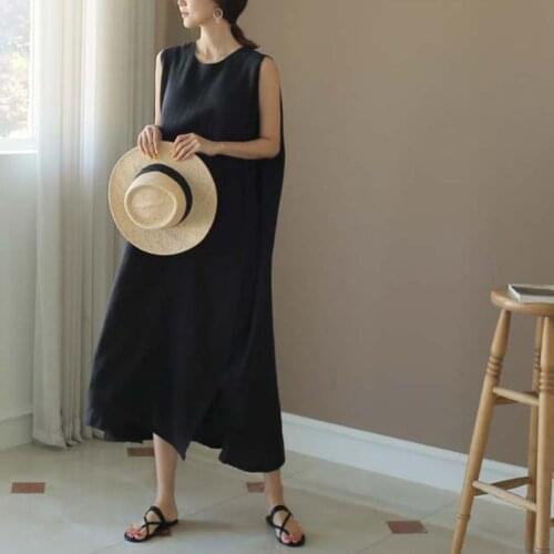 Cotton Linen Dress Sleeveless Sundress Womens Dress Spring Summer Female New Loose Split Big Swing Vest Robe Dress