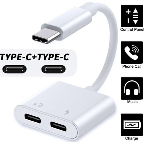 2 in 1 Dual Type C Adapter For Huawei Xiaomi Type-c Phone Charging Charger Adapter Splitter Convertor Earphone Headphone Audio