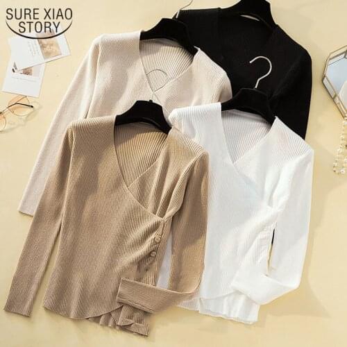 2021 New Fashion Cashmere Pullover Women Slim Sweater Cross V-neck Womens Knitwear Solid Color Long Sleeve Chic Top 11799