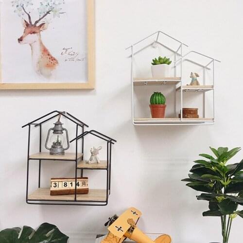 American Wood Mental House Ornament Storage Rack Wall Hanging Craft Home Decoration Double Shelf Storage Living Room Decor Gifts