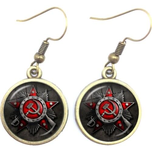 CCCP USSR Soviet Army Red Star Drop Earrings 16mm Glass Cabochon Art Round Russian Badges LOGO Ear Jewelry For Women Girls Gift