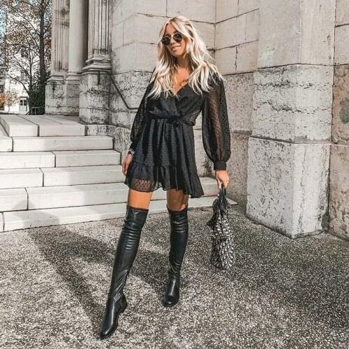Elegant Black Dot Party Lace Long Sleeve Dresses Women Petticoat Long Sleeve Ruffle Ladies Mini Day Dress Female Clothes 2021