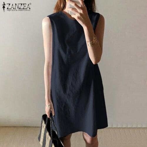 ZANZEA Elegant Lady Autumn Solid Leisure Dress Sleeveless Tank Vestidos Streetwear Femme Hollow Basic Robe Female Mini Sundress