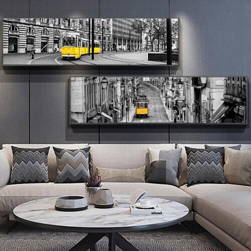 European Style City Yellow Bus Long Scene Black White Canvas Paintings Poster Prints Pop Wall Art Pictures Living Room Home Déco