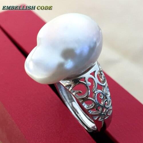 Adjustable Size Resize Baroque Pearl Ring Retro Hyperbole White Lustrous Tissue Nucleated Fire Ball Shape For Women