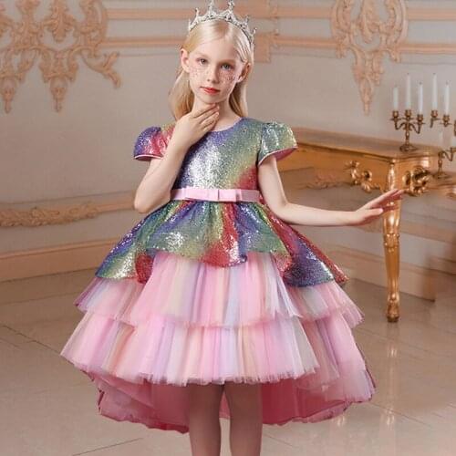 Summer Colorful Sequins Baby Girl Dress 1 Year Birthday Princess Girl Dress Party Wedding Tutu Prom Dress Children 2-8 Years