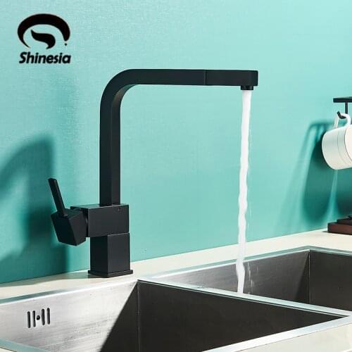 Shinesia Matte Black Kitchen Faucet Pull Out Spout Hot and Cold Water Mixer Tap Rotatable Spout Deck MountedSink Crane