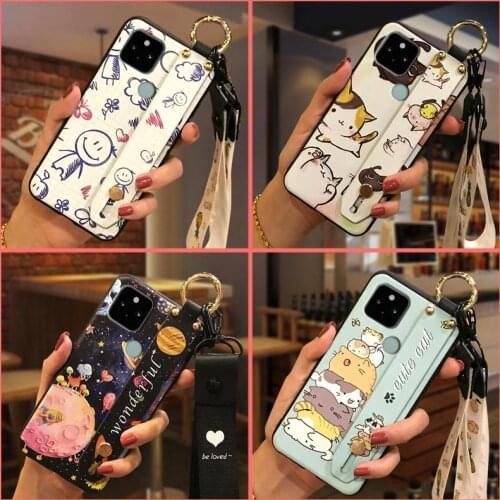 Cute Anti-dust Phone Case For Google Pixel 5XL Back Cover Original Kickstand Cartoon Cover Lanyard