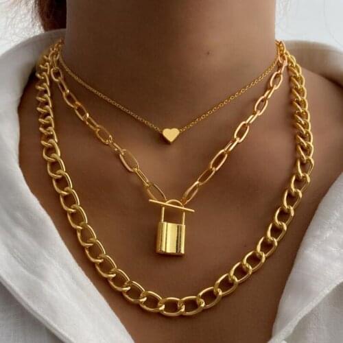 Punk Lock Love Heart Pendant Necklace for Women Men Multilayered Big Chunky Thick Chain Choker Necklaces Gothtic Jewelry AM6059